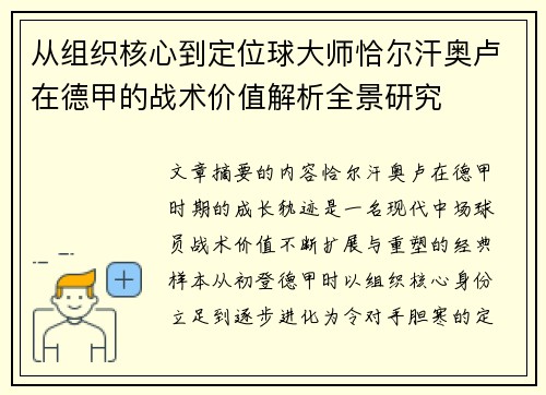 从组织核心到定位球大师恰尔汗奥卢在德甲的战术价值解析全景研究 从组织核心到定位球大师恰尔汗奥卢在德甲的战术价值解析全景研究