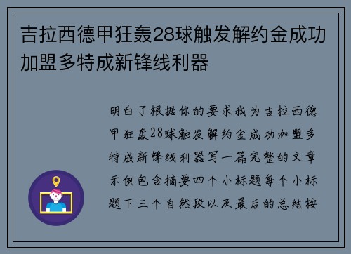吉拉西德甲狂轰28球触发解约金成功加盟多特成新锋线利器